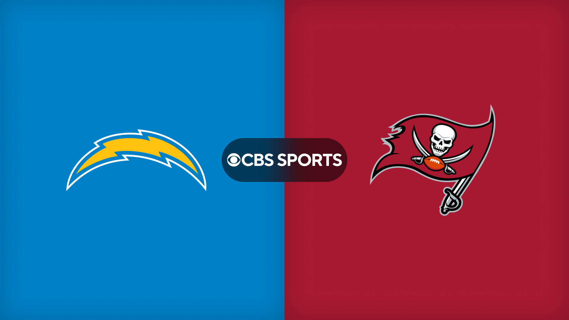 Los Angeles Chargers and Tampa Bay Buccaneers logos with CBS Sports branding for the Cosm NFL event
